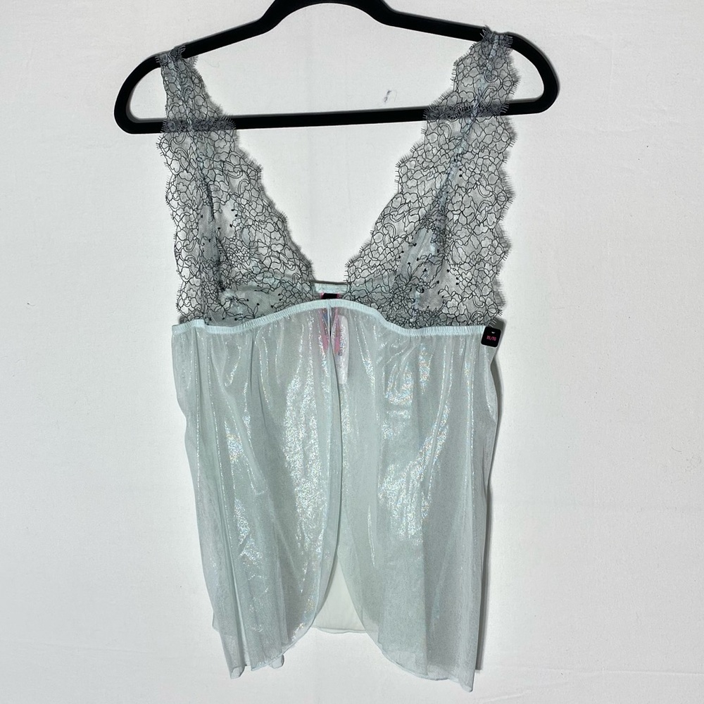La Senza Light Green Lace Trimmed Sheer Shimmery Camisole Chemise Lingerie XL